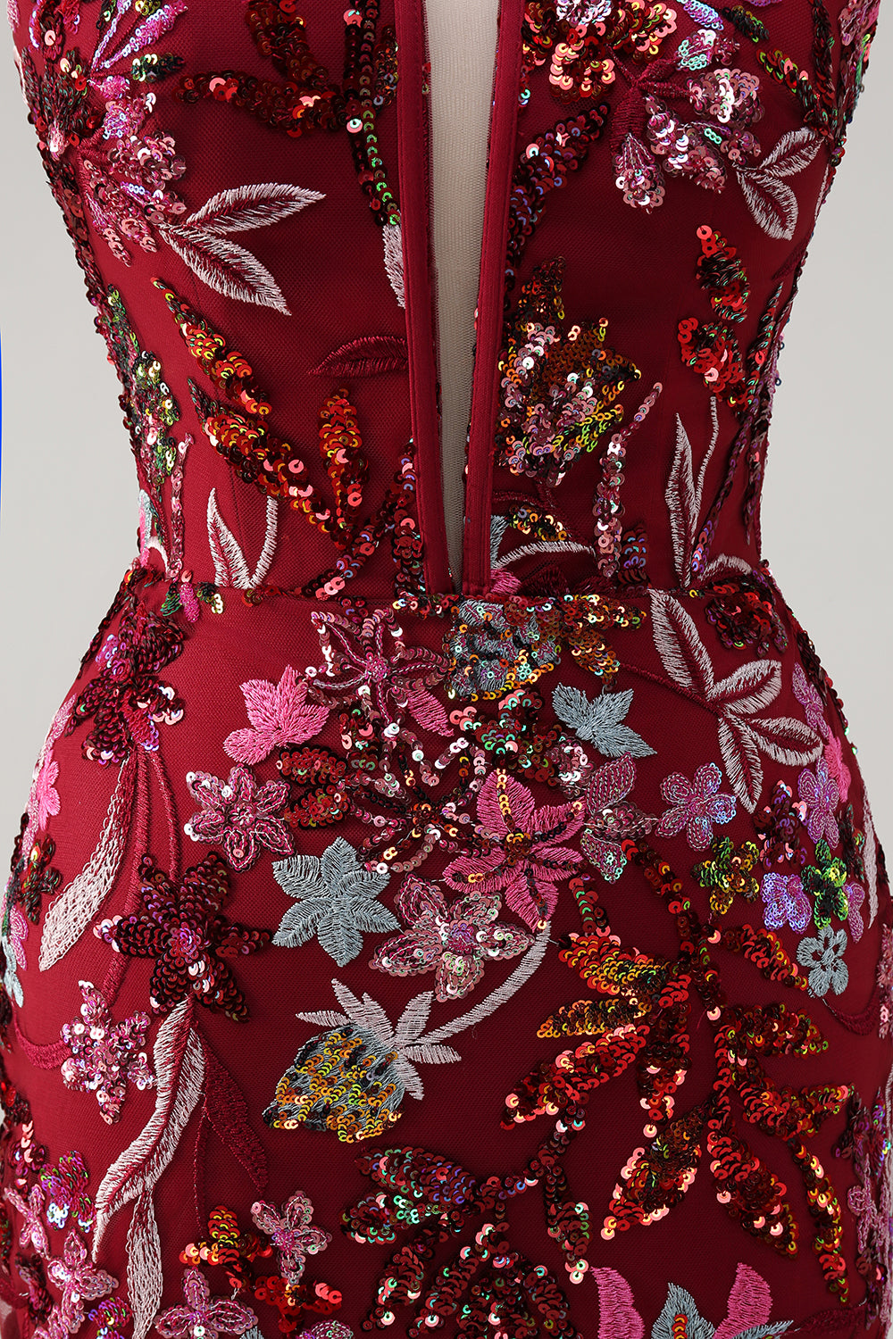 Sparkly Burgundy Floral Mermaid Spaghetti Straps Long Prom Dress with Slit