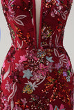Sparkly Burgundy Floral Mermaid Spaghetti Straps Long Prom Dress with Slit