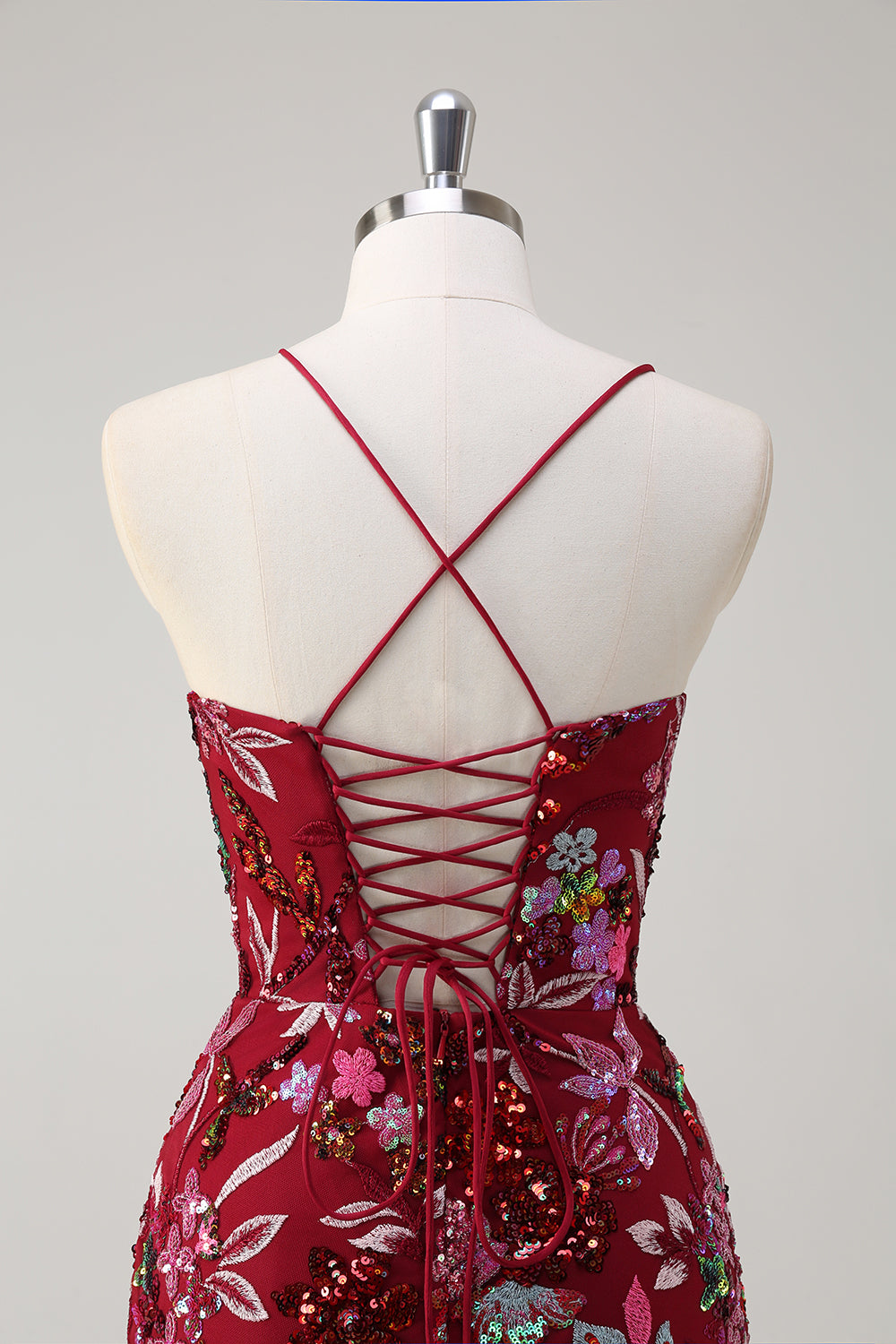 Sparkly Burgundy Floral Mermaid Spaghetti Straps Long Prom Dress with Slit