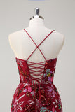 Sparkly Burgundy Floral Mermaid Spaghetti Straps Long Prom Dress with Slit