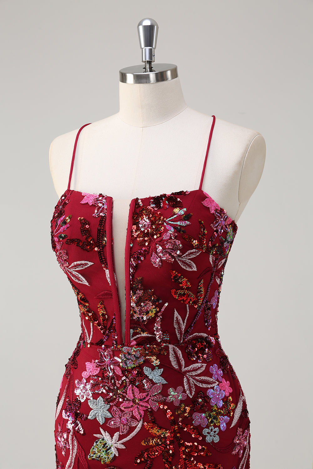 Sparkly Burgundy Floral Mermaid Spaghetti Straps Long Prom Dress with Slit