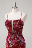Sparkly Burgundy Floral Mermaid Spaghetti Straps Long Prom Dress with Slit