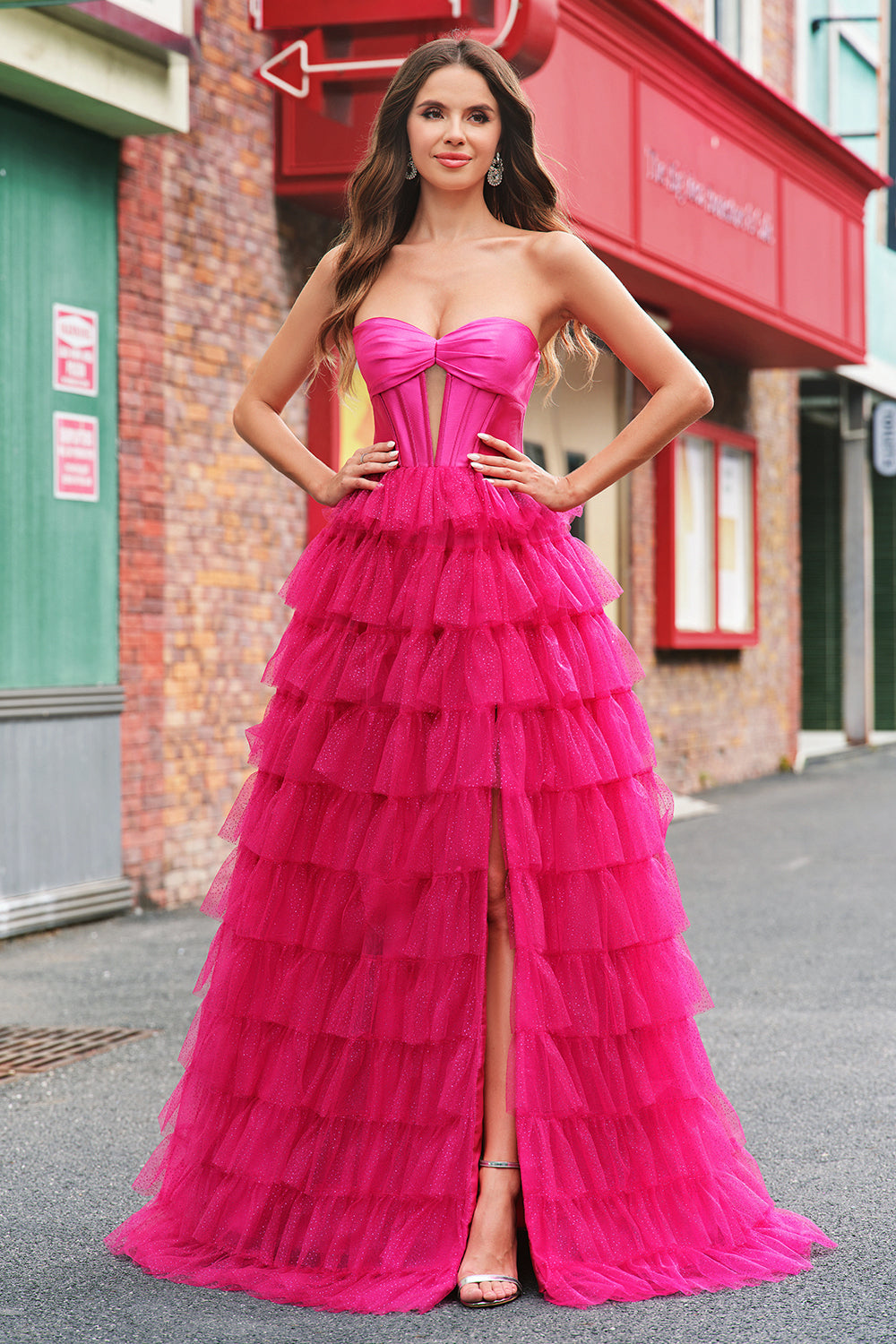Cute Fuchsia Sweetheart Keyhole Tiered Tulle Long Princess Prom Dresses with Slit