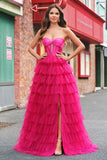 Cute Fuchsia Sweetheart Keyhole Tiered Tulle Long Princess Prom Dresses with Slit