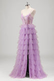V-Neck Sparkly Lilac Tiered Spaghetti Strap Long Prom Dress with Slit