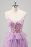 V-Neck Sparkly Lilac Tiered Spaghetti Strap Long Prom Dress with Slit