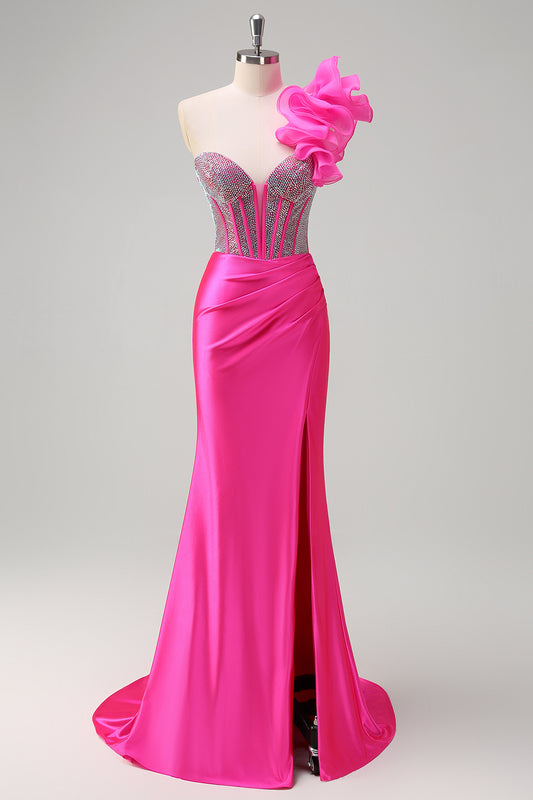 Fuchsia Mermaid Beaded One Shoulder Long Prom Dress with Slit
