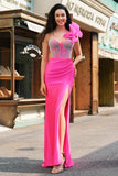 Sparkly Fuchsia Mermaid Ruffled One Shoulder Long Prom Dress with Slit