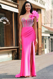 Sparkly Fuchsia Mermaid Ruffled One Shoulder Long Prom Dress with Slit