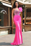 Sparkly Fuchsia Mermaid Ruffled One Shoulder Long Prom Dress with Slit