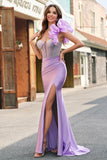 Sparkly Fuchsia Mermaid Ruffled One Shoulder Long Prom Dress with Slit