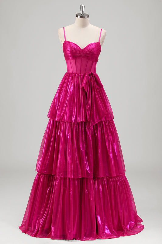 Sparkly Fuchsia Tiered Spaghetti Strap Long Prom Dress with Bow