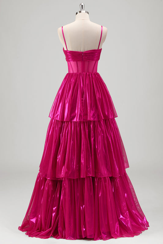 Sparkly Fuchsia Tiered Spaghetti Strap Long Prom Dress with Bow
