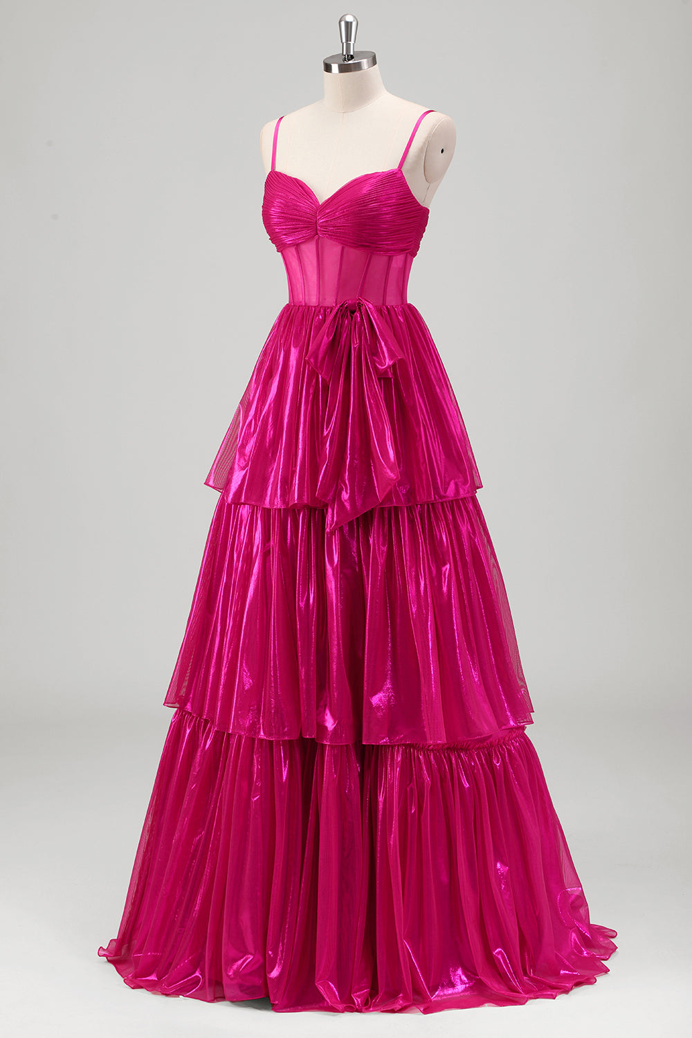 Sparkly Fuchsia Tiered Spaghetti Strap Long Prom Dress with Bow