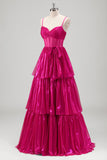 Sparkly Fuchsia Tiered Spaghetti Strap Long Prom Dress with Bow