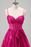Sparkly Fuchsia Tiered Spaghetti Strap Long Prom Dress with Bow