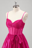 Sparkly Fuchsia Tiered Spaghetti Strap Long Prom Dress with Bow