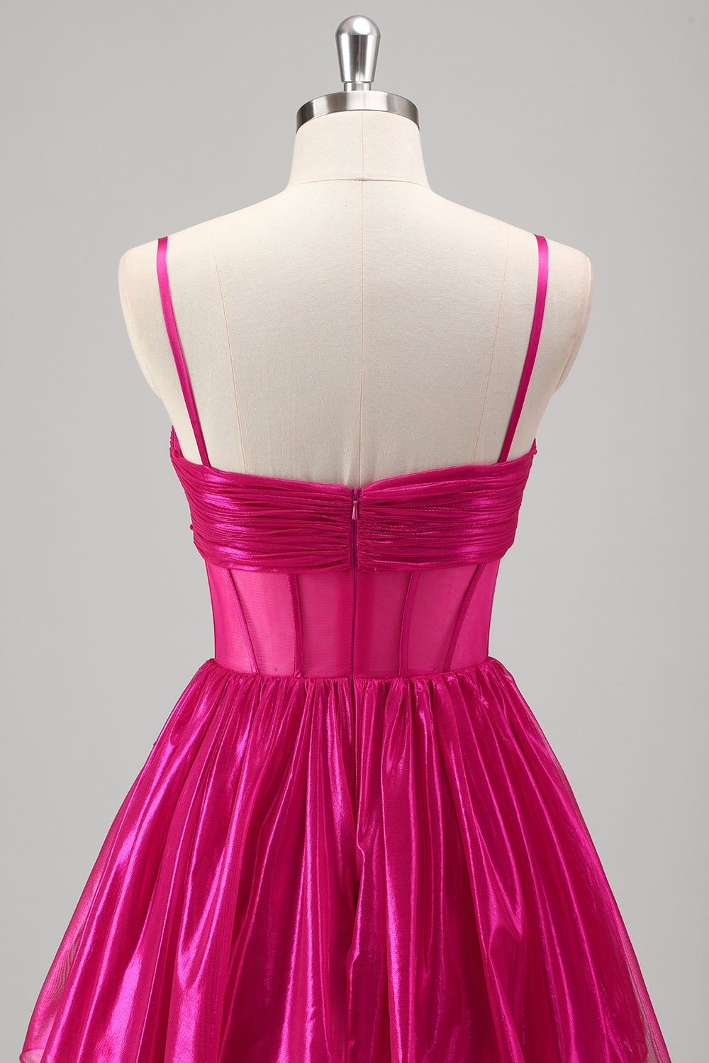 Sparkly Fuchsia Tiered Spaghetti Strap Long Prom Dress with Bow