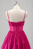 Sparkly Fuchsia Tiered Spaghetti Strap Long Prom Dress with Bow