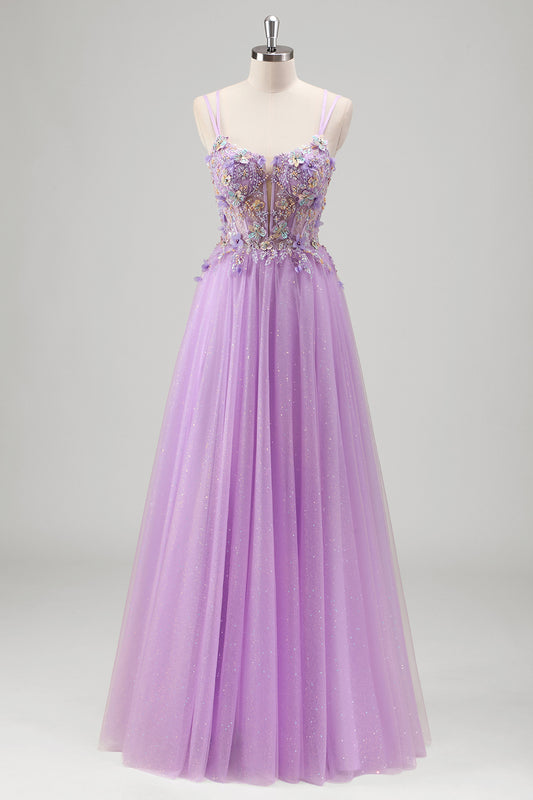Sparkly Lilac Floral Spaghetti Straps Corset Long Prom Dress with Appliques