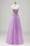 Sparkly Lilac Floral Spaghetti Straps Corset Long Prom Dress with Appliques