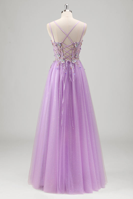 Sparkly Lilac Floral Spaghetti Straps Corset Long Prom Dress with Appliques