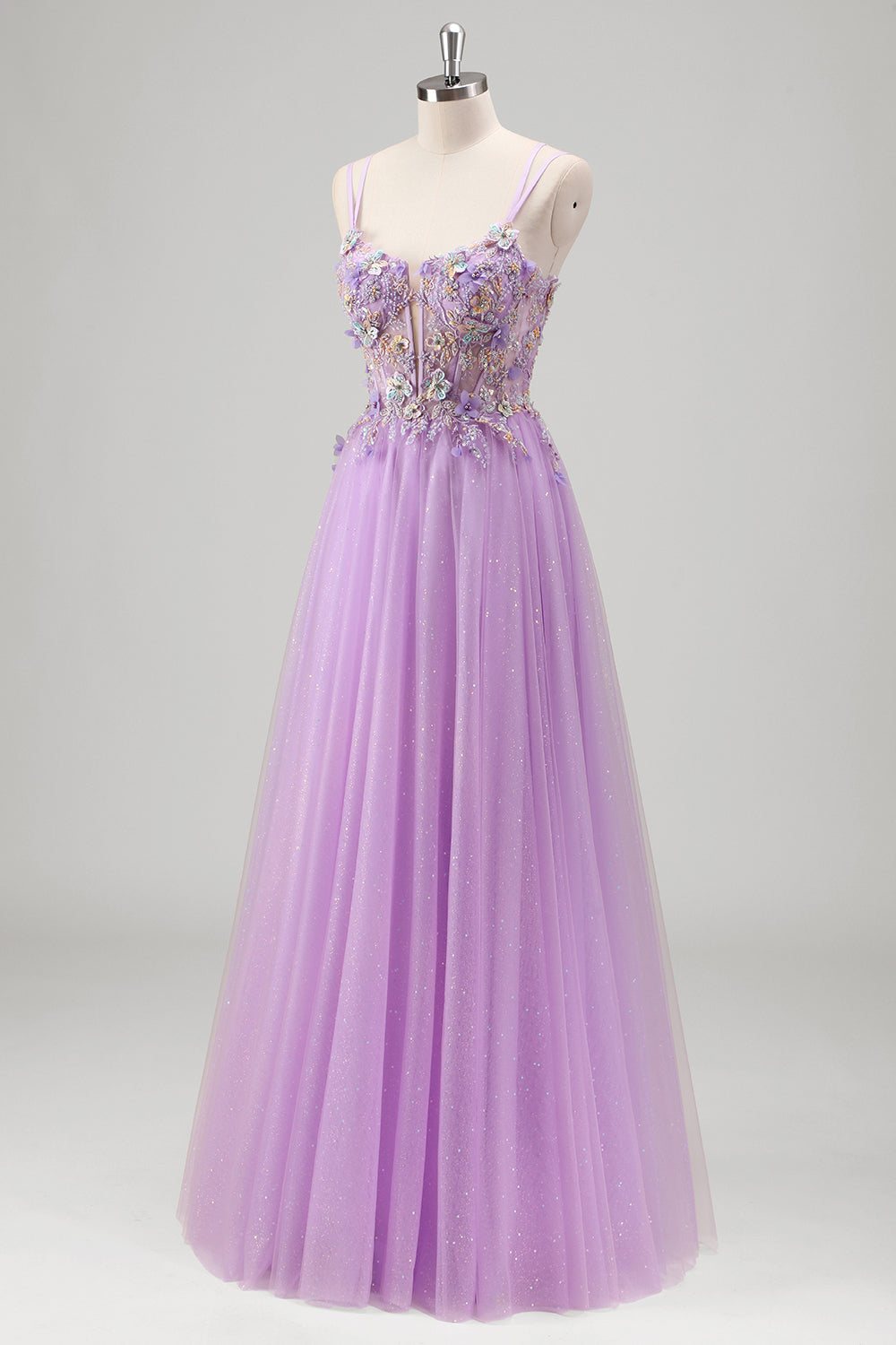 Sparkly Lilac Floral Spaghetti Straps Corset Long Prom Dress with Appliques