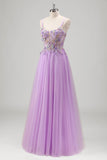 Sparkly Lilac Floral Spaghetti Straps Corset Long Prom Dress with Appliques