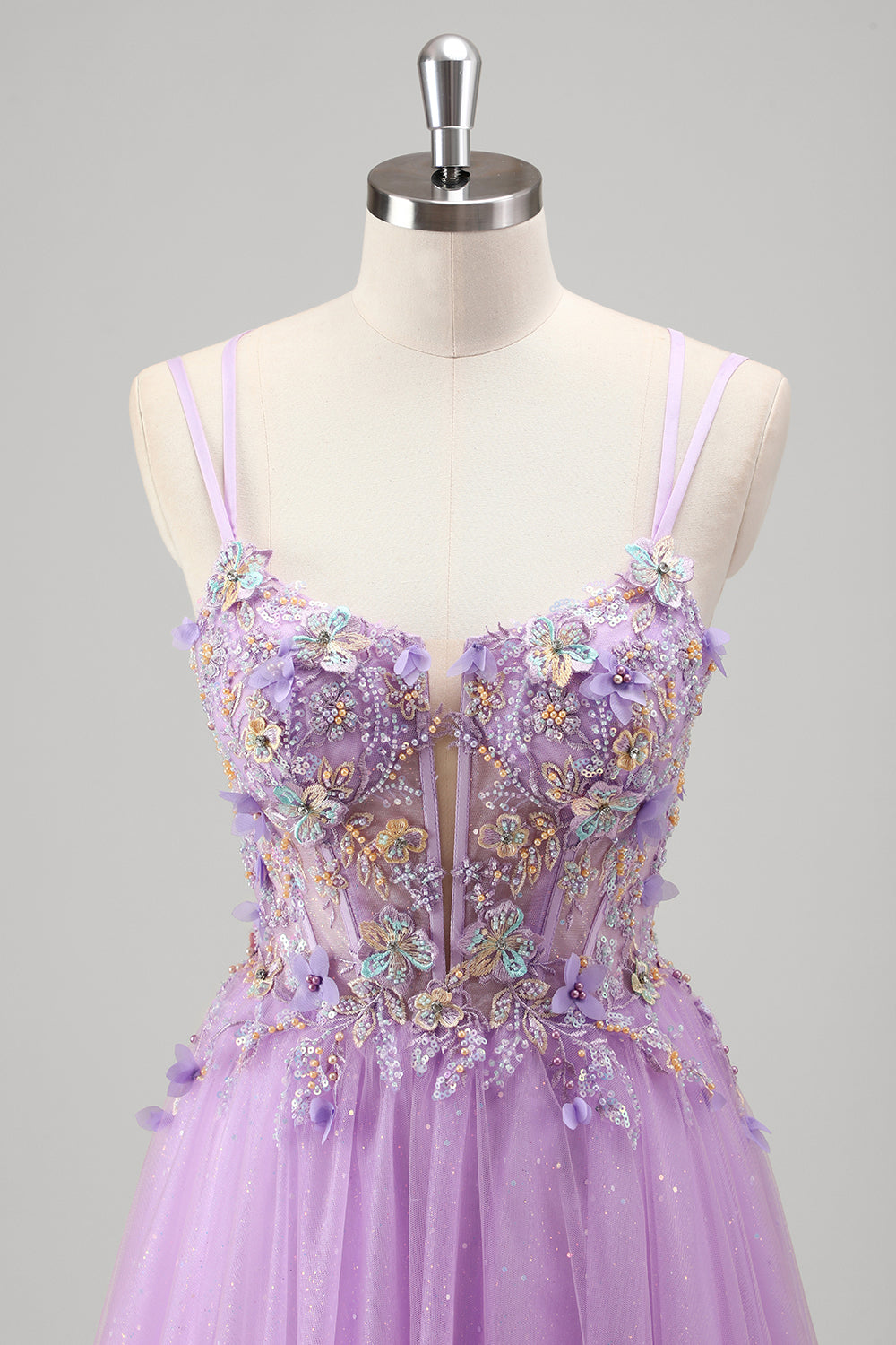 Sparkly Lilac Floral Spaghetti Straps Corset Long Prom Dress with Appliques