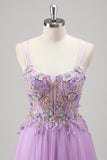 Sparkly Lilac Floral Spaghetti Straps Corset Long Prom Dress with Appliques