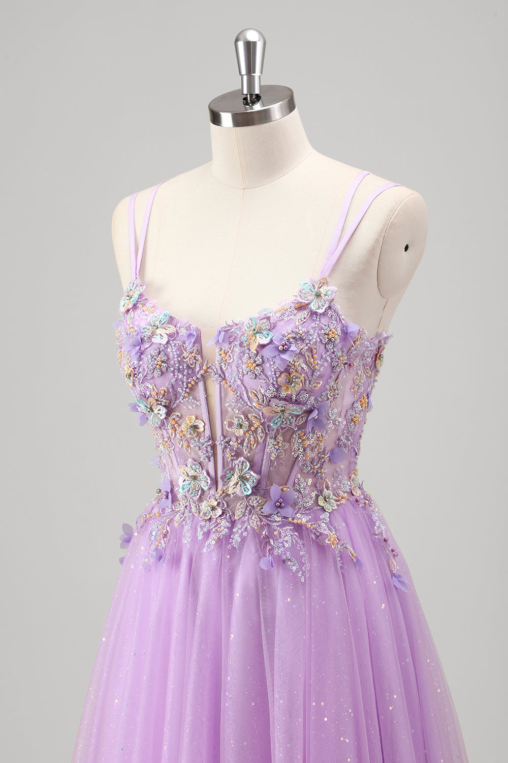 Sparkly Lilac Floral Spaghetti Straps Corset Long Prom Dress with Appliques