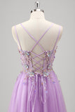 Sparkly Lilac Floral Spaghetti Straps Corset Long Prom Dress with Appliques