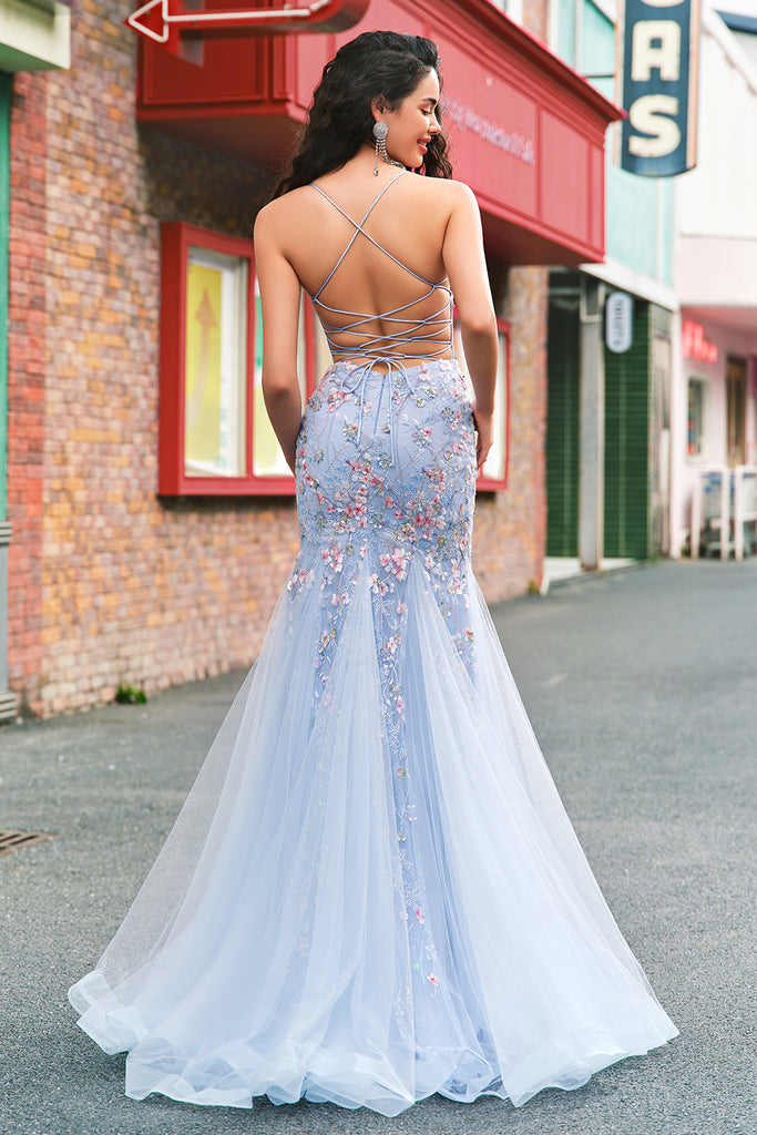 Niulatu Mermaid Spaghatti Straps Light Blue Prom Dress Long Evening Dresses HZ1110