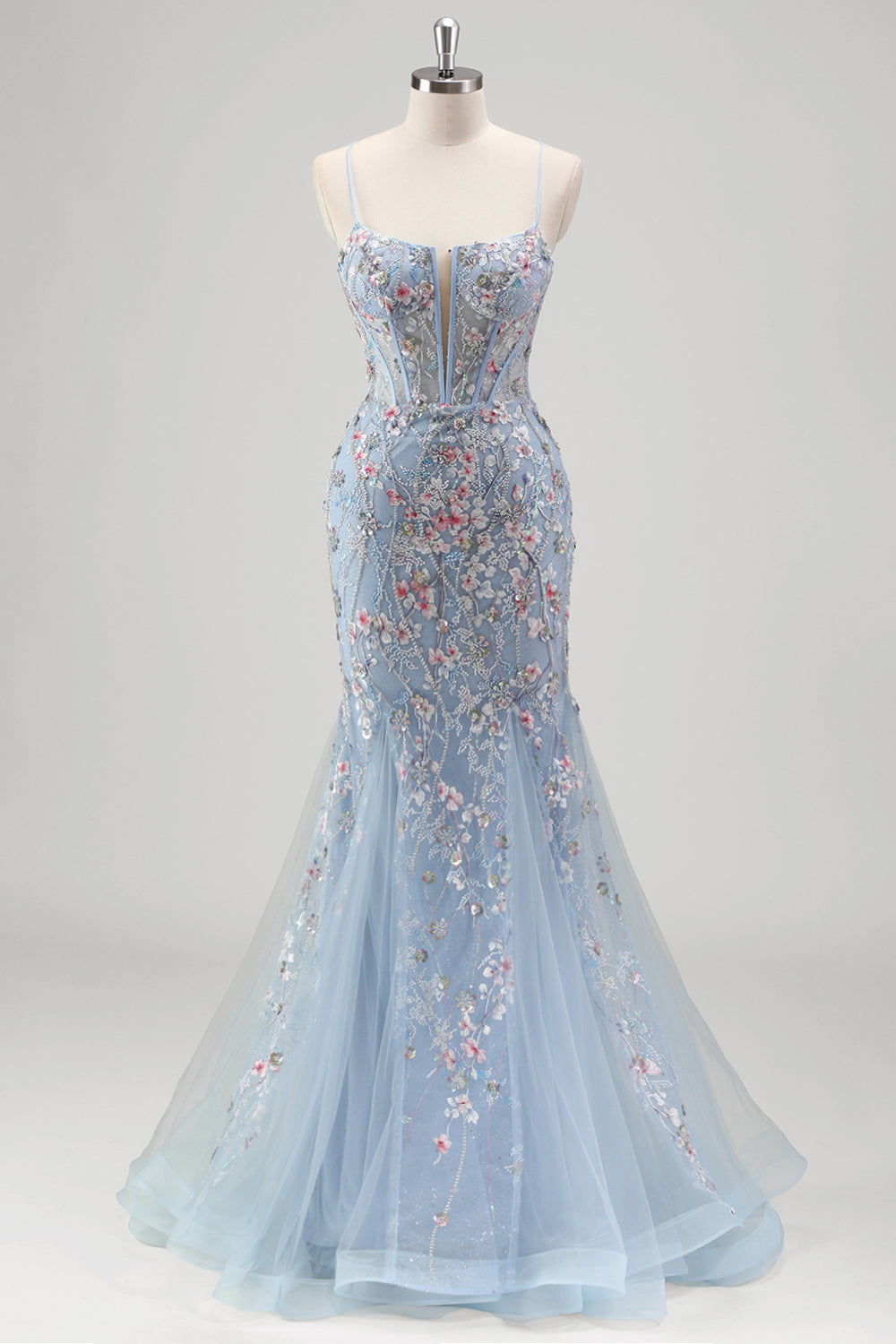 Zapakasa Women Light Blue Mermaid Prom Dress Spaghetti Straps Corset