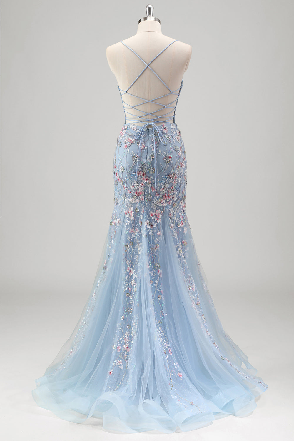 Zapaka Women Black Floral Appliques Beaded Prom Dress Mermaid Spaghetti Straps Tulle Long Evening Dress, Light Blue / UK18