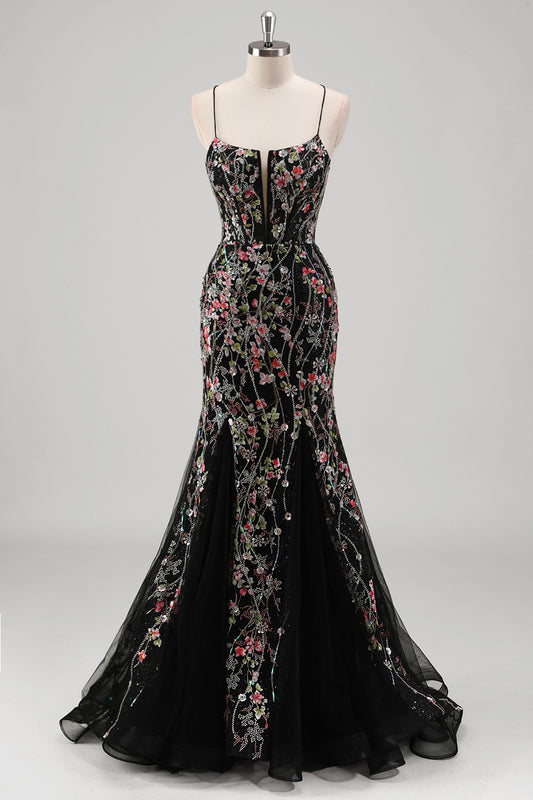 Zapakasa Women Black Mermaid Long Prom Dress Spaghetti Straps Corset Gala Dress with Appliques