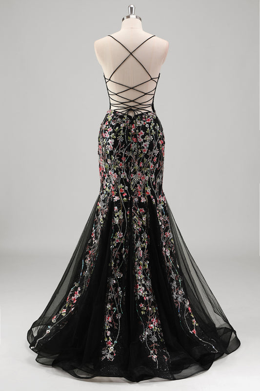Black Mermaid Spaghetti Straps Corset Long Prom Dress with Appliques