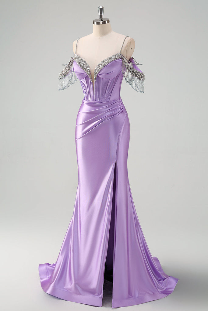 Sparkly Lilac Tulle Beaded Prom Dress Strapless Mermaid Evening Dress Y8664