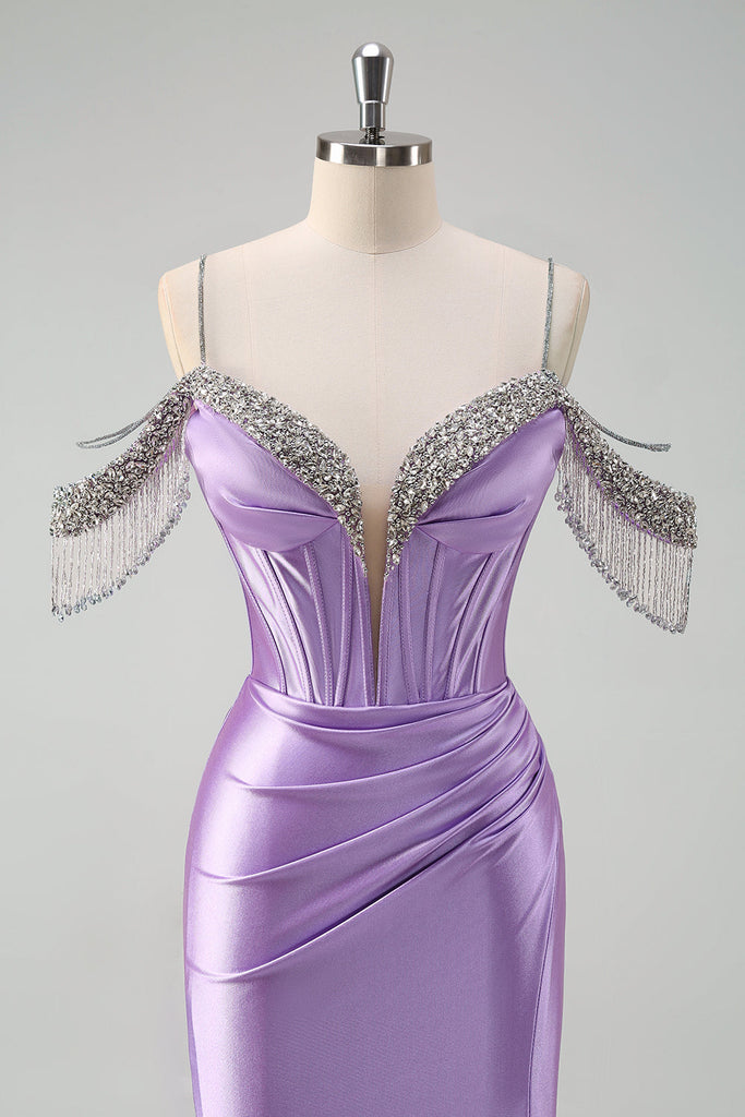 Trendy Purple Lilac Strapless Satin Slit Mermaid Evening Gown JTE851