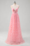 A-Line Pink Tiered Spaghetti Strap Long Prom Dress