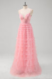 A-Line Pink Tiered Spaghetti Strap Long Prom Dress