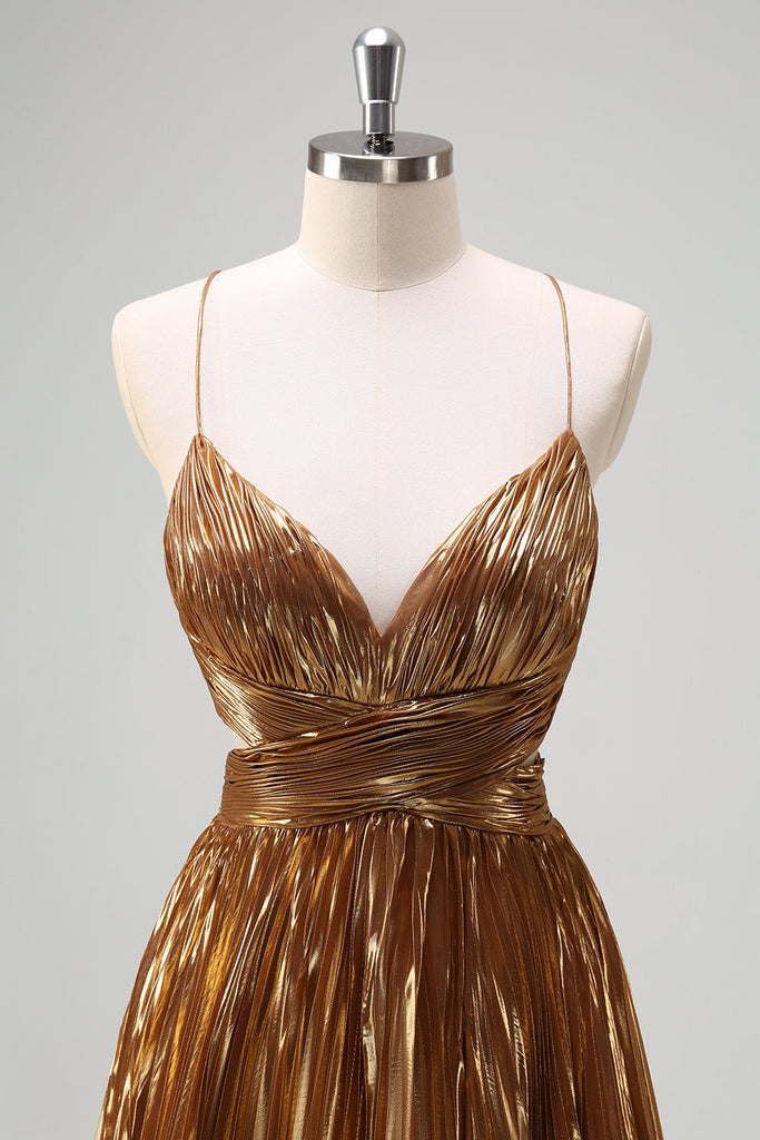 Charming A Line Spaghetti Straps Golden Long Prom Dress with Beading