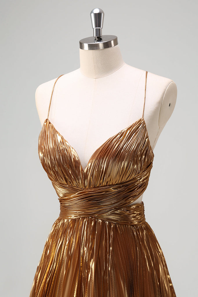 A Line Spaghetti Straps Black Golden Long Ball Dress with Bronzing