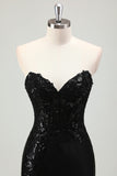 Sparkly Corset Sweetheart Black Long Prom Dress With Slit