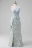 White Blue Flower Ruffled One Shoulder Long Prom Dress with Slit