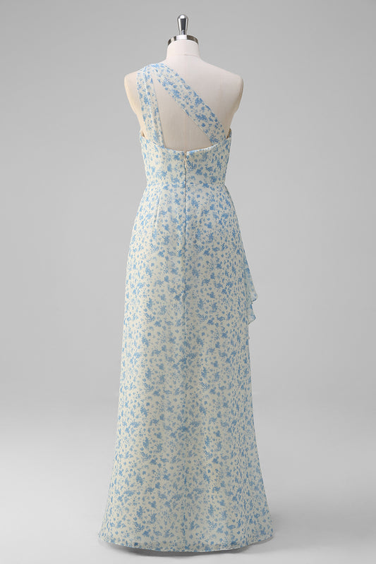 White Blue Flower Ruffled One Shoulder Long Prom Dress with Slit