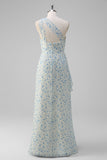 White Blue Flower Ruffled One Shoulder Long Prom Dress with Slit
