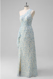 White Blue Flower Ruffled One Shoulder Long Prom Dress with Slit