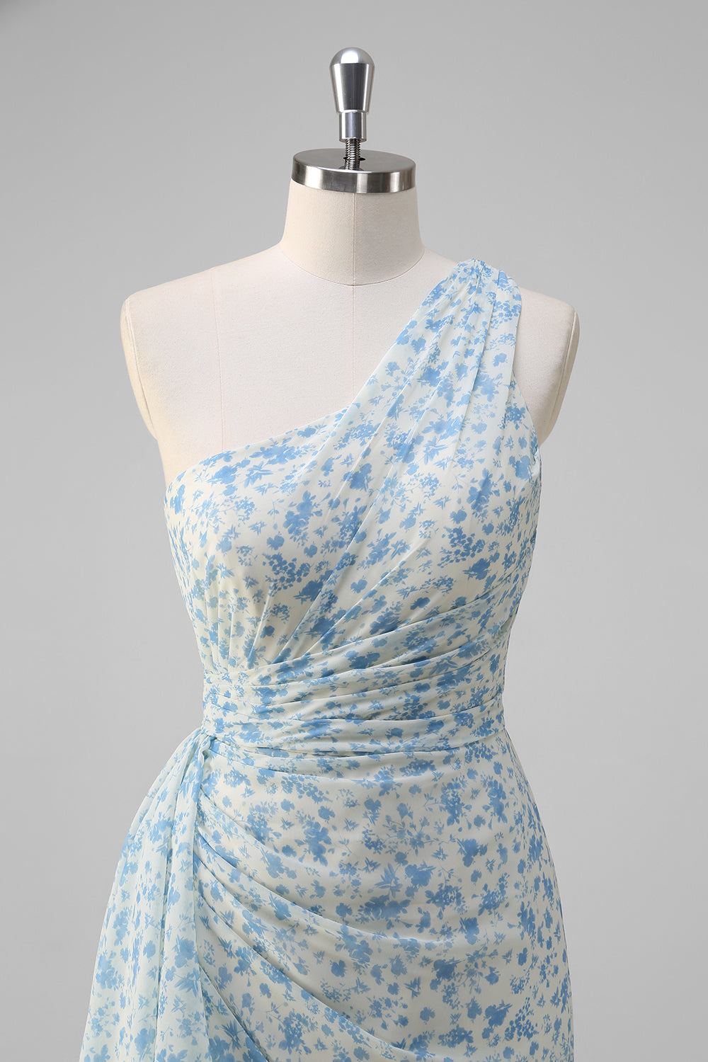 White Blue Flower Ruffled One Shoulder Long Prom Dress with Slit