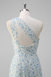 White Blue Flower Ruffled One Shoulder Long Prom Dress with Slit